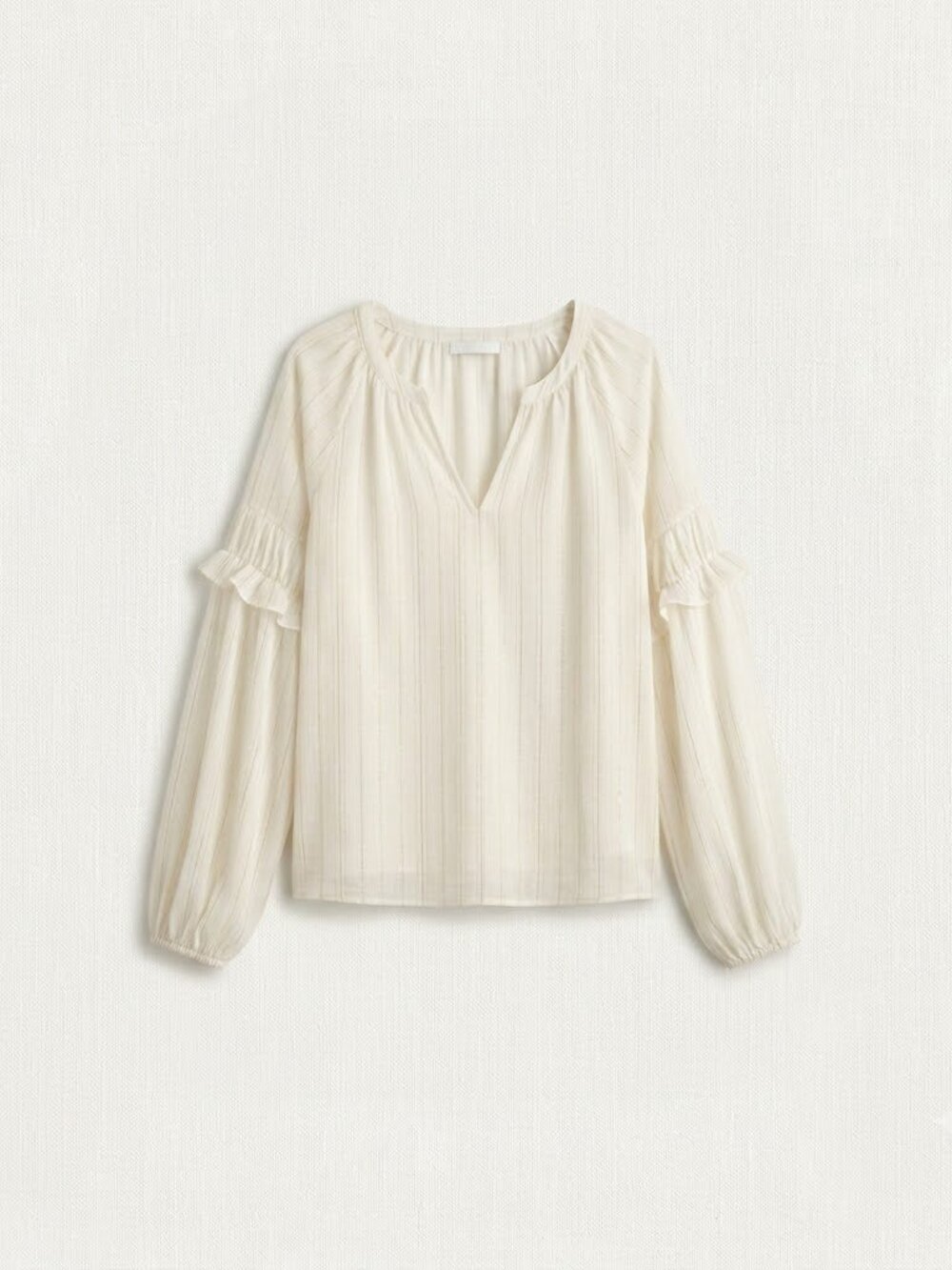 A New Day - Women's White & Gold Stripe Ruffle Sleeve V-Neck Blouse - XS